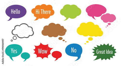 A set of colorful speech bubbles with different shapes and words