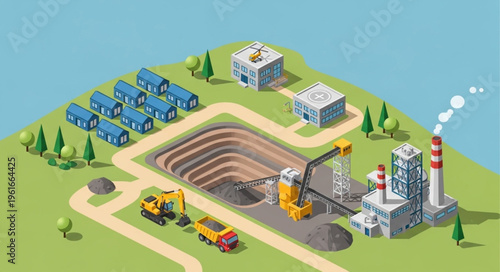 Isometric Mining Operation - A Detailed Visualization of Resource Extraction.