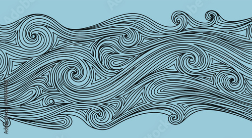 Artistic abstract illustration of flowing blue waves and swirls with intricate black line details creating a rhythmic pattern.