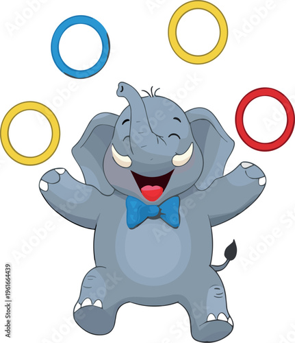 Cute elephant juggling rings cartoon character circus performance playful animal vector illustration