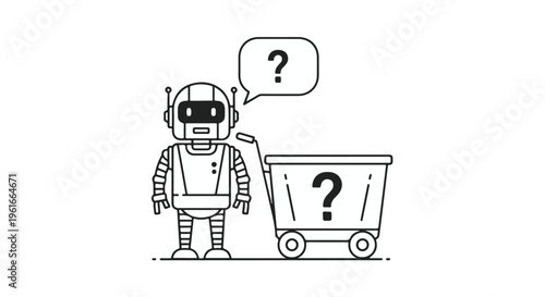 Confused Robot with Shopping Cart and Question Marks Vector Illustration