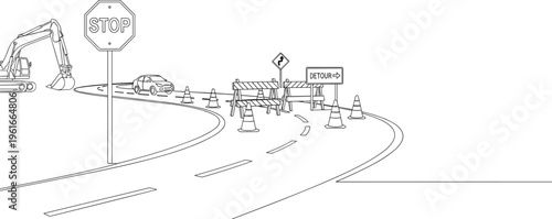 Road construction zone with excavator, traffic cones, barricades, detour sign, stop sign, and approaching car ensuring safety, traffic management, and navigation on curved roadway.