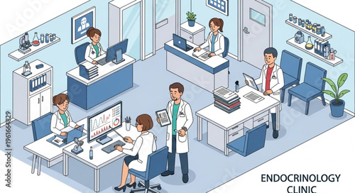 Isometric View of a Busy Endocrinology Clinic with Doctors and Staff.