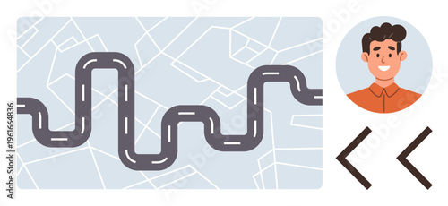 Navigation, travel planning, transportation, routes, journey direction, guidance. Curved road on map background, male avatar left and right arrows. Navigation and travel planning concept