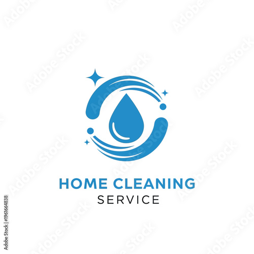Home cleaning service logo with water drop and sparkles, round blue design for house cleaners.
