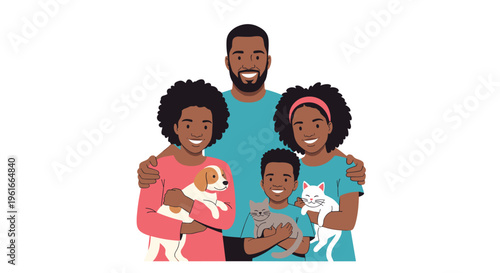 Happy multi-generational Black family posing together with their pet dog and two cats in a warm and loving family portrait.