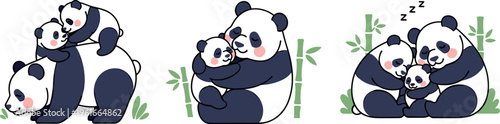 Cute panda family collection with parent and baby hugging playing and sleeping adorable animal vector illustration set
