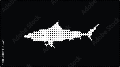 A white pixelated shark on a black background