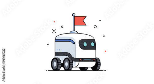 Modern autonomous delivery robot with a white body and four wheels featuring a small red flag on top of an antenna.
