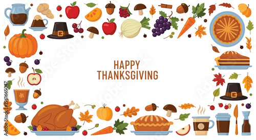 Thanksgiving themed frame containing traditional food items like roasted turkey, pumpkin pie, fruits, and autumn leaves with text.