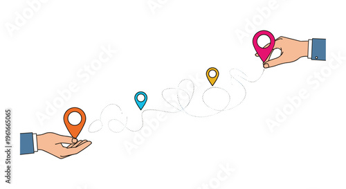 Two hands holding colorful location map pins connected by a curved dashed line representing a travel route or journey.