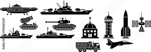 Silhouette icons of military and aerospace vehicles including submarine, battleships, tanks, rocket, satellite, fighter jet, control tower, and command center for defense and technology illustration