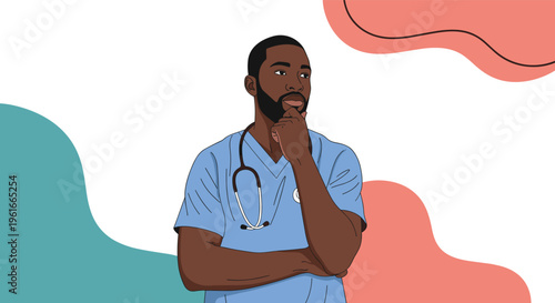 Portrait of a pensive African American male doctor in blue scrubs with a stethoscope around his neck thinking deeply.