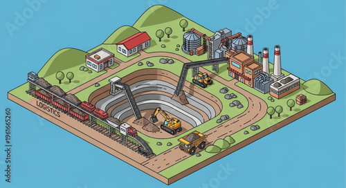 Isometric Illustration of a Large Open-Pit Mine and Industrial Complex.