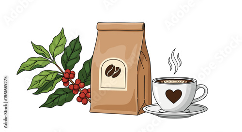 Coffee theme illustration with a paper bag of beans, a flowering coffee branch with red berries, and a latte cup.