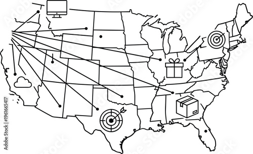 Stylized United States map with logistics network connections, shipping routes, cloud computing, data flow, and distribution icons representing nationwide service coverage and operational reach