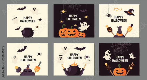 Set of six Happy Halloween cards with pumpkins, ghosts, bats, spider webs, and witch hats on dark and light backgrounds.