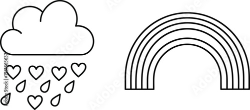 Minimalist outline icons featuring a cloud raining hearts and a rainbow perfect vector elements for romantic themes weather forecasts or spring designs