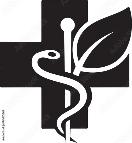 Medical, healthcare, and wellness symbol, vector staff of Aesculapius icon, black and white caduceus, cross logo