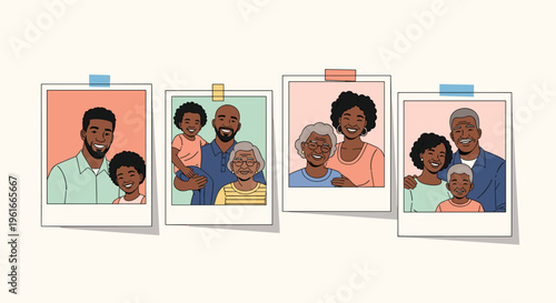 Set of four instant photo prints showing different generations of a happy black family from childhood to old age.