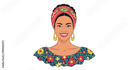 Portrait of a beautiful Latin American woman wearing a traditional Mexican floral dress and a colorful headband.