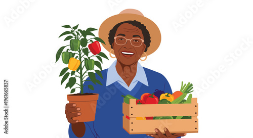 Smiling senior black woman wearing a sun hat while holding a potted bell pepper plant and a crate of vegetables.