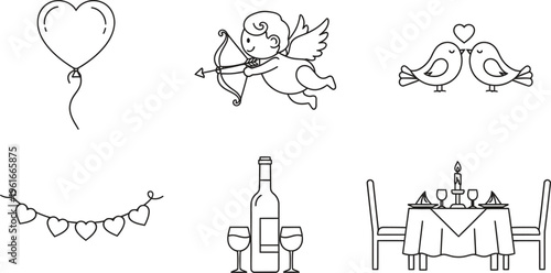 Minimalist line art icon set for Valentines Day featuring romantic elements like Cupid love birds and a dinner date ideal for digital design and celebrations