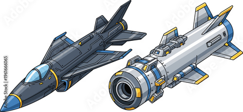 Futuristic aircraft and missile illustration advanced military technology sleek jet fighter and guided weapon system detailed vector isolated concept