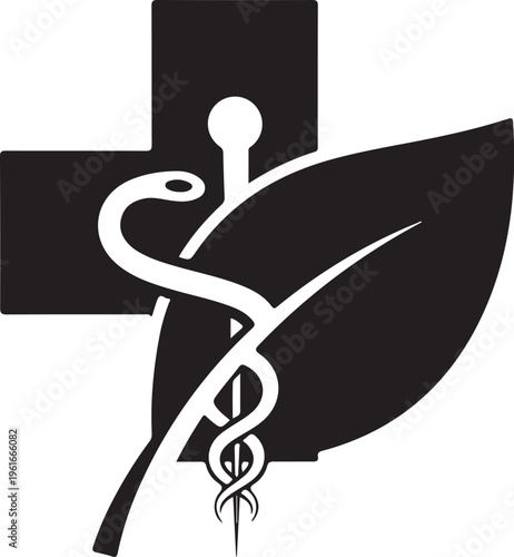Medical, healthcare, and wellness symbols, black vector icons, cross, leaf, and rod of asclepius
