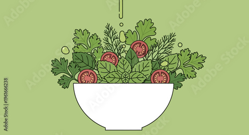 Fresh vegetable salad, green herbs, bowl of healthy food, salad ingredients