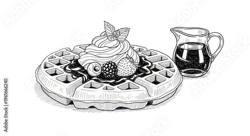 Hand-Drawn Waffle with Whipped Cream, Berries, and Syrup