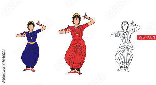 Indian Classical Dancer in Traditional Costume, Vector Art, Line Drawing