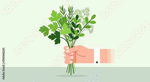 Fresh herbs, green plants, hand holding bouquet, culinary ingredients, healthy food