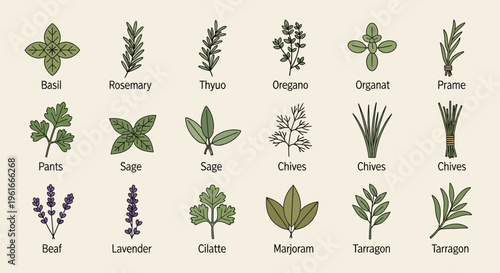 Herbs vector icons, 20 herb illustrations, botanical symbols, green plants, spice collection