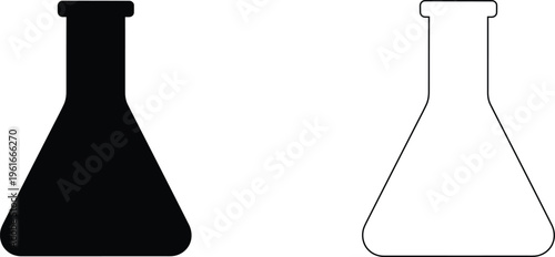 Minimalist Erlenmeyer flask icons, black solid and thin line laboratory glassware vectors, scientific chemistry equipment for research and education