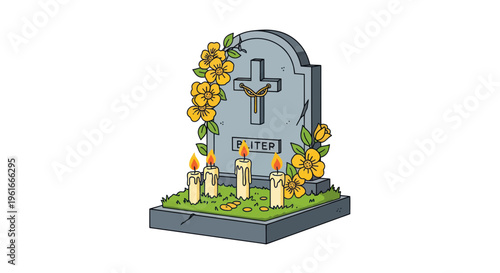 Tombstone with Candles and Flowers, Memorial, Grief, Remembrance, RIP