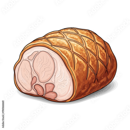 Cooked meat roast with golden crust, cut to show texture and slices