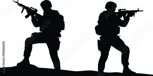 Soldier silhouettes vector, armed military figures, combat stance illustration, tactical rifle icon, battlefield silhouette design, defense operation graphic, war scene