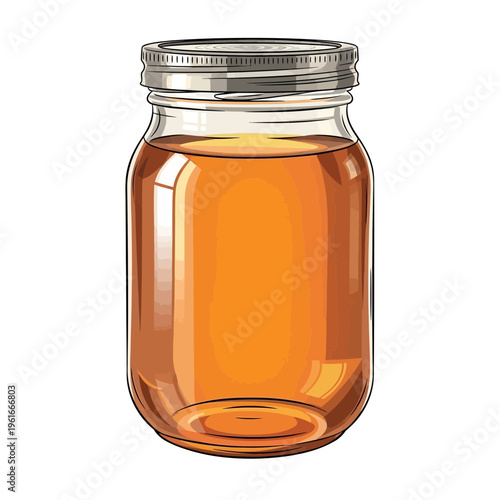 Glass jar filled with golden honey, isolated on white background