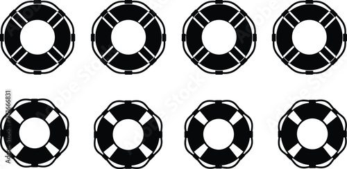 A collection of eight black and white circular lifebuoy icons arranged in a two by four grid array