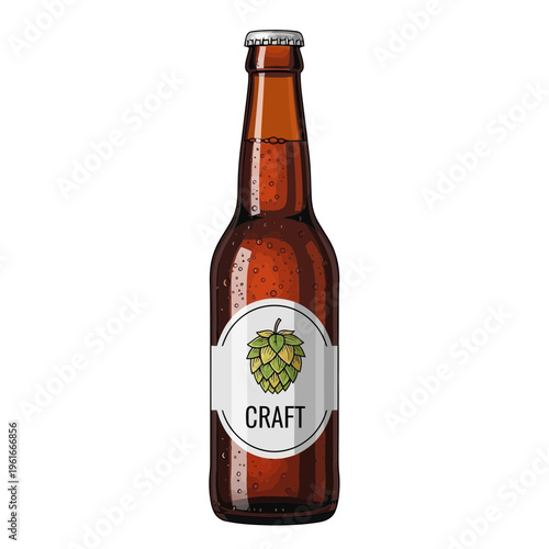 Hand-drawn craft beer bottle with hop illustration on label