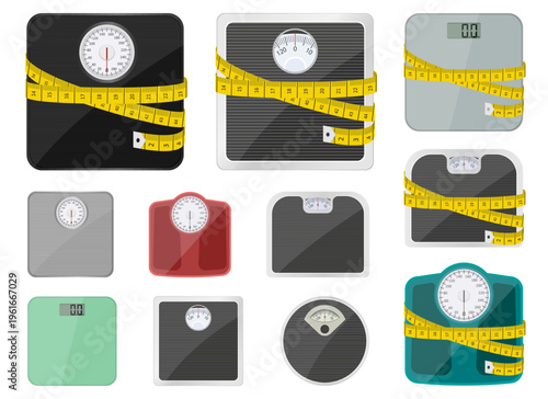 Assortment of weight scales surrounded by yellow measuring tapes on white.