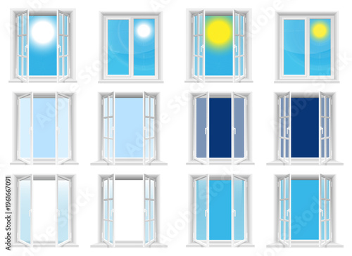 Window Variations: Open and closed window designs with varying light levels
