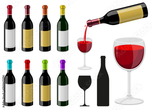 Assortment of wine bottles and glasses with red wine being poured and served.