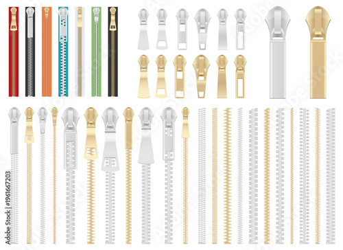 Assortment of Various Types of Zippers in Silver, Gold, and Multiple Colors
