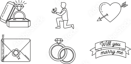 Set of romantic marriage proposal and wedding icons featuring simple line art vector design elements for engagement announcements and romantic themes