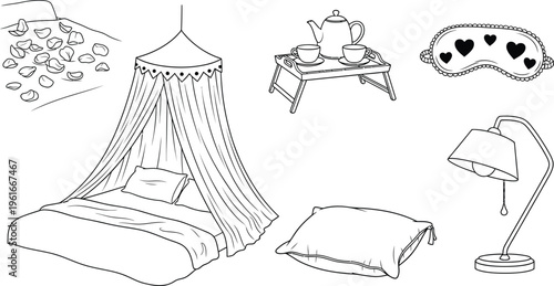 Hand-drawn set of bedroom and relaxation elements featuring a canopy bed breakfast tray and sleep mask ideal for lifestyle and comfort designs