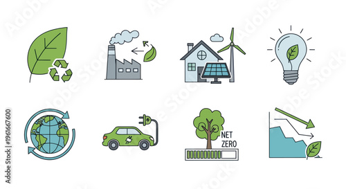 Eco-friendly Icons: Sustainability, Renewable Energy, Green Technology, Climate Change