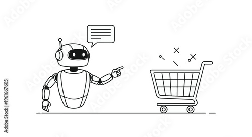 AI Robot Chatbot Pointing at Shopping Cart Vector Illustration