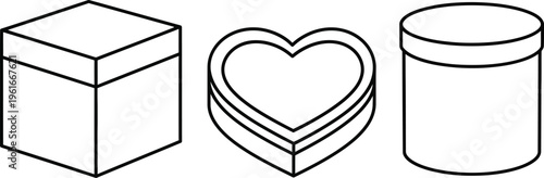 Set of minimalist outline gift boxes including cube heart and cylinder shapes ideal for e-commerce and celebration designs
